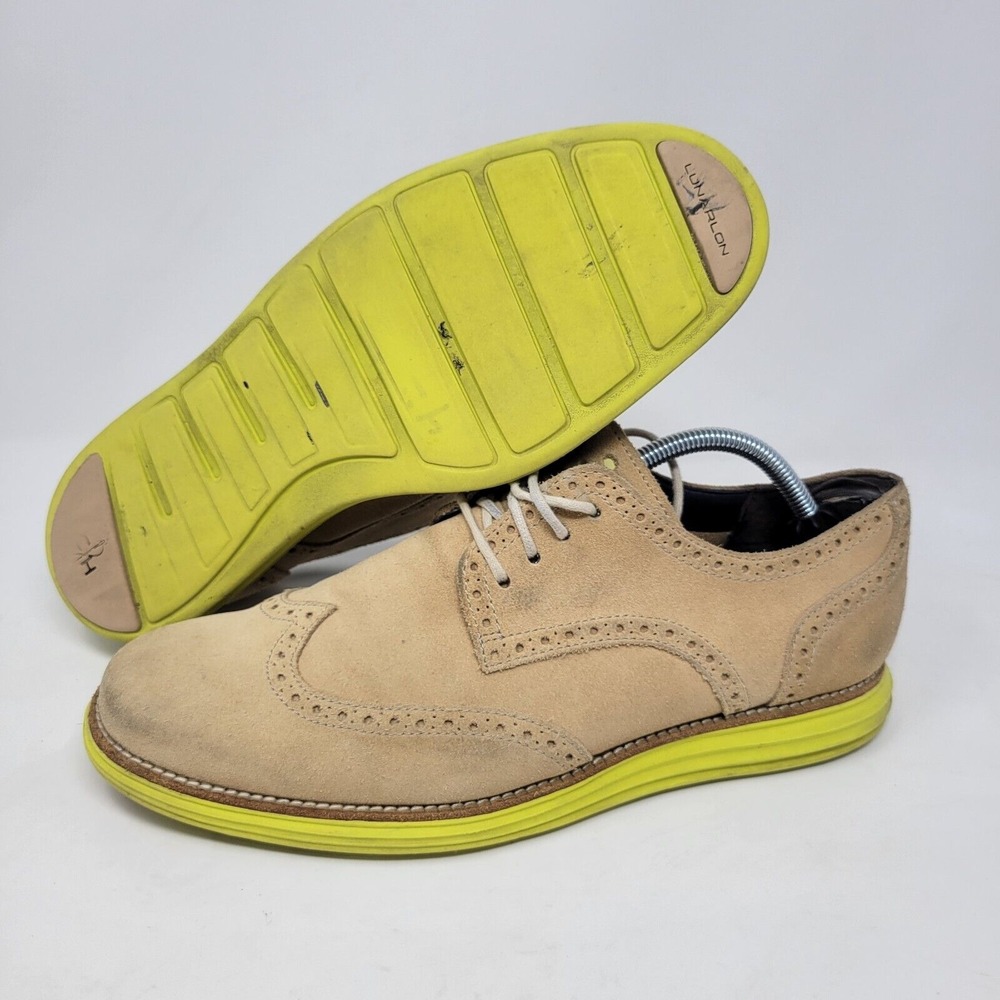 Cole Haan LunarGrand Wingtip Oxford Tan‎ Suede Neon Yellow Sole C11248 Mens 10 M